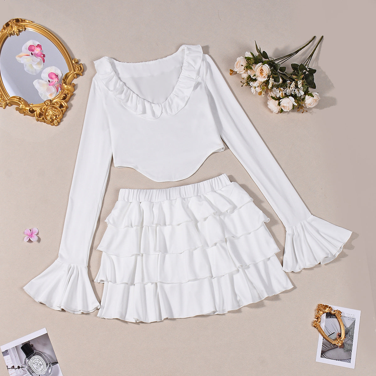 Womens Ruffle-Trim Long-Sleeve Top And Tiered Mini Skirt Two-Piece Set