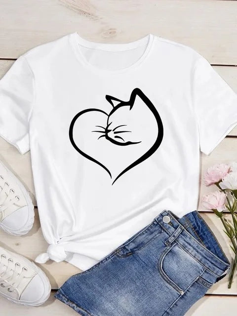 Womens Heart-Shaped Cat Crew-Neck Printed Short-Sleeve Top