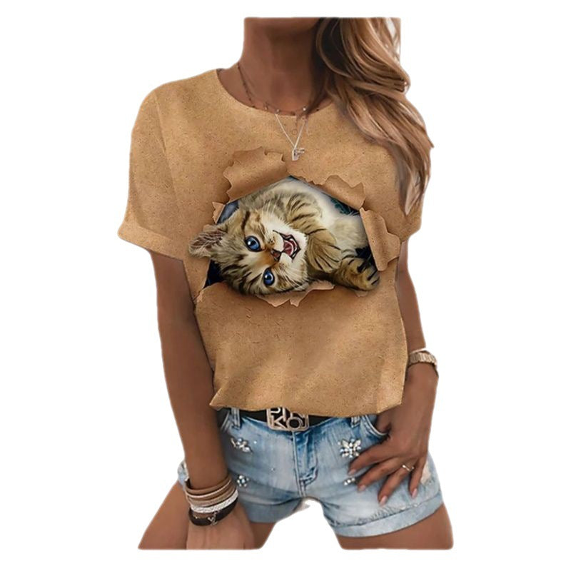 Cat Face Print Summer Women's T Shirt