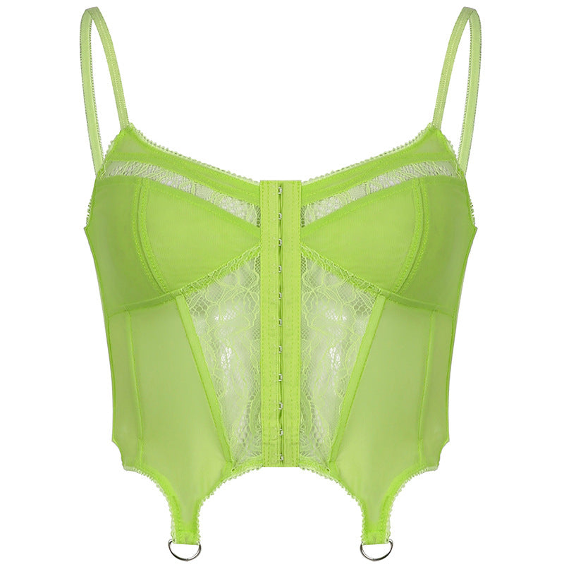 Lace Mesh Vest With Lowcut Vneck Hook Buckle Irregular Bottoming Small Sling