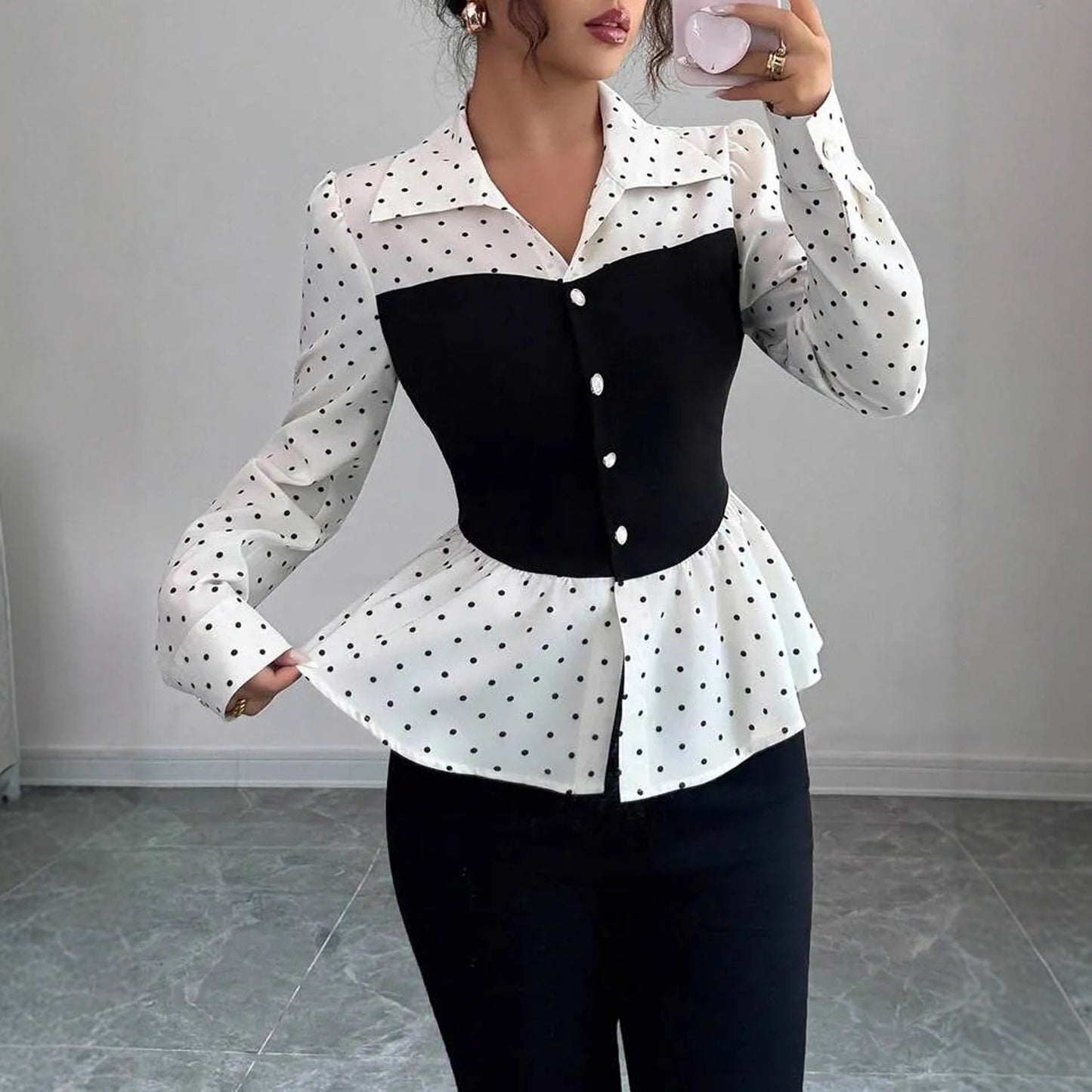 Women's Fashion Polka Dot Fake Two-piece Long Sleeve Shirt