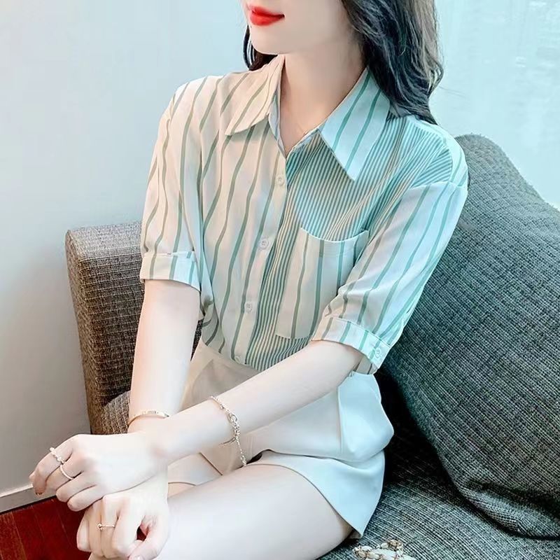 Summer Temperament Polo Collar Slim-fit Long Sleeve Chiffon Shirt
