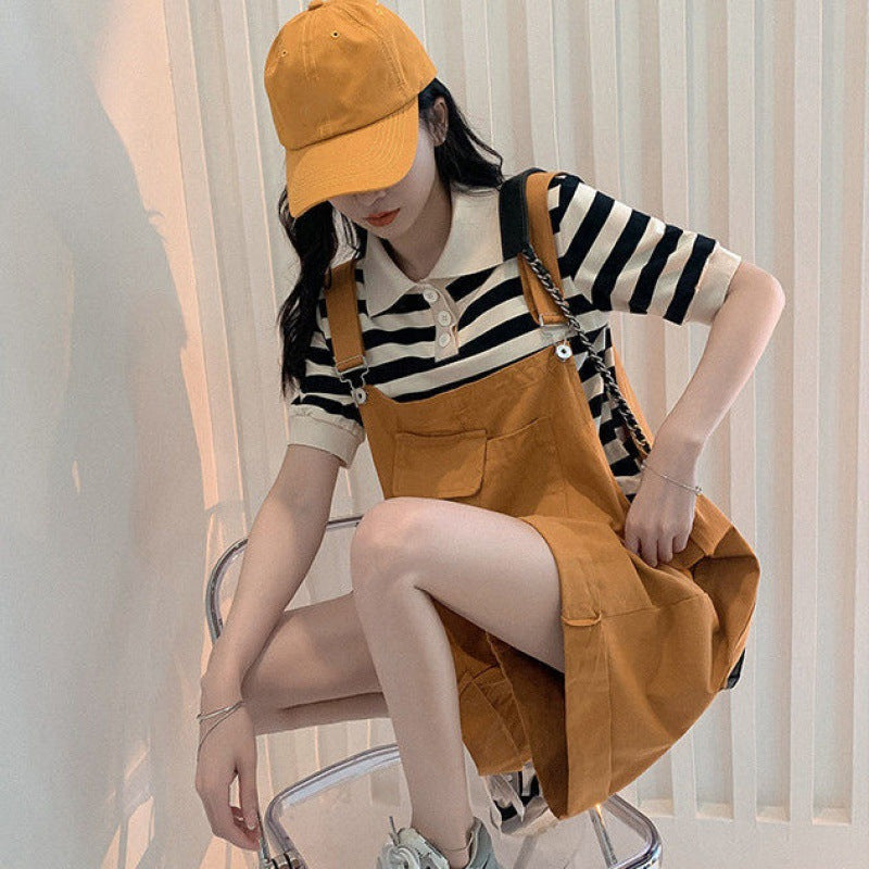 Suspender Shorts Women's Flanging Solid Color Cropped Pants