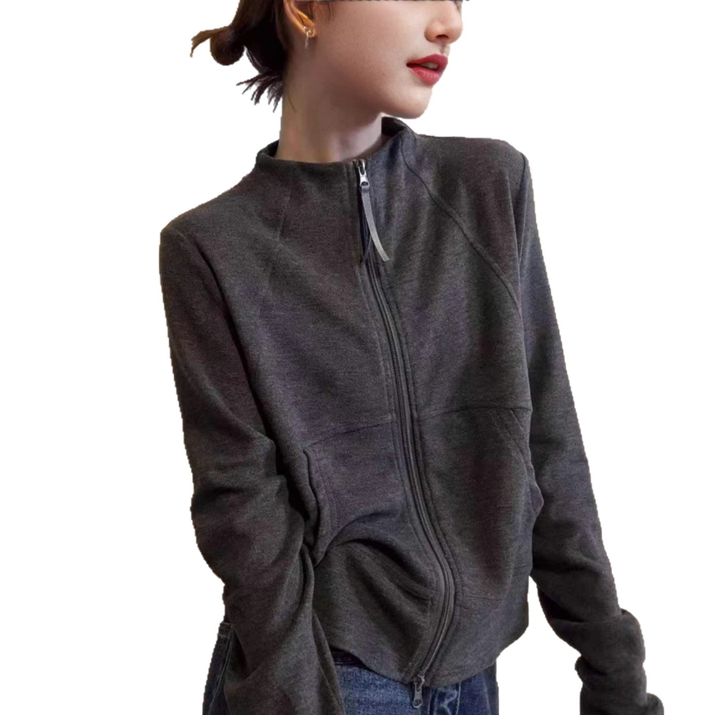 Minimalist-style Women's Hoodie With A Stand-up Collar And Double Zippers
