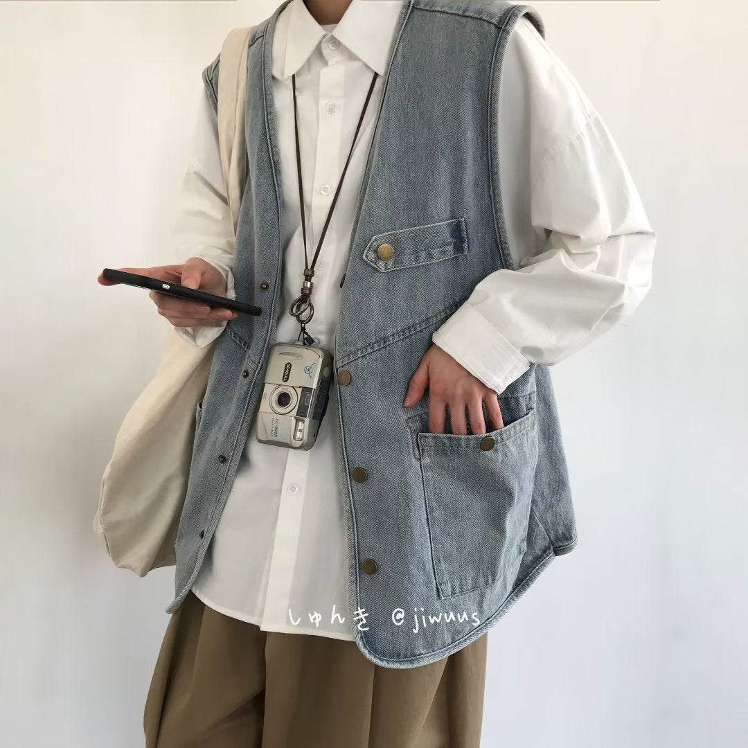 Retro Worn Looking Washed-out Denim Frock Vest Neutral Street Style