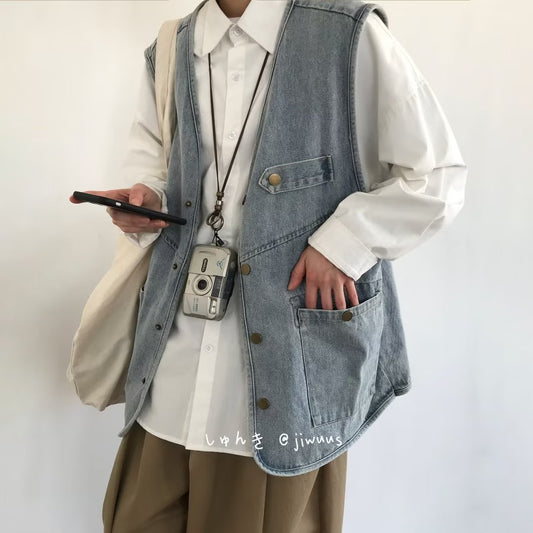 Retro Worn Looking Washed-out Denim Frock Vest Neutral Street Style