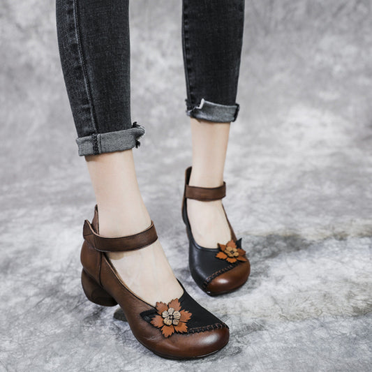 Vintage Head Layer Cowhide Flower Match Color Velcro Round Head Mother Thick Heel Rubber Soft Soled Women's Shoes