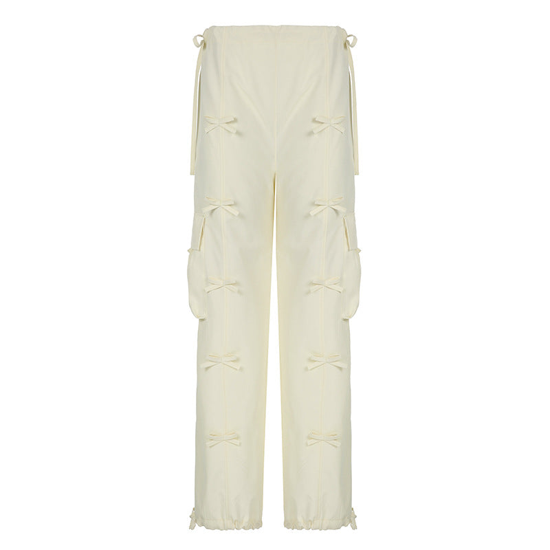 Bow Pocket Patchwork Overalls Straight-leg Trousers