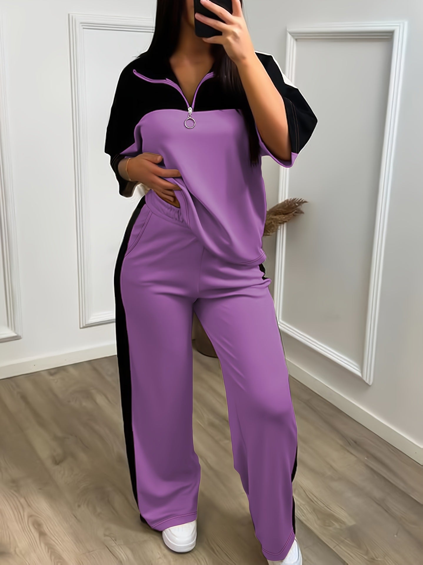 Womens Color-Block Minimalist Casual Chic Sportswear Set