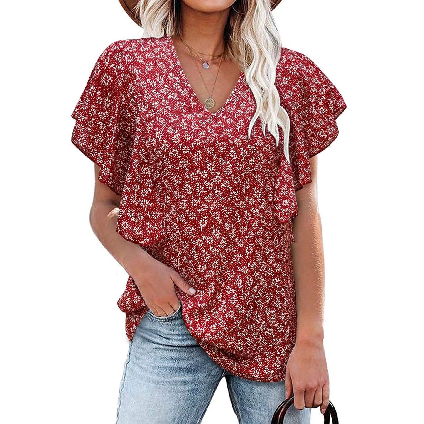 V Neck Floral Pleated Shirt Casual Short Sleeve Loose Top