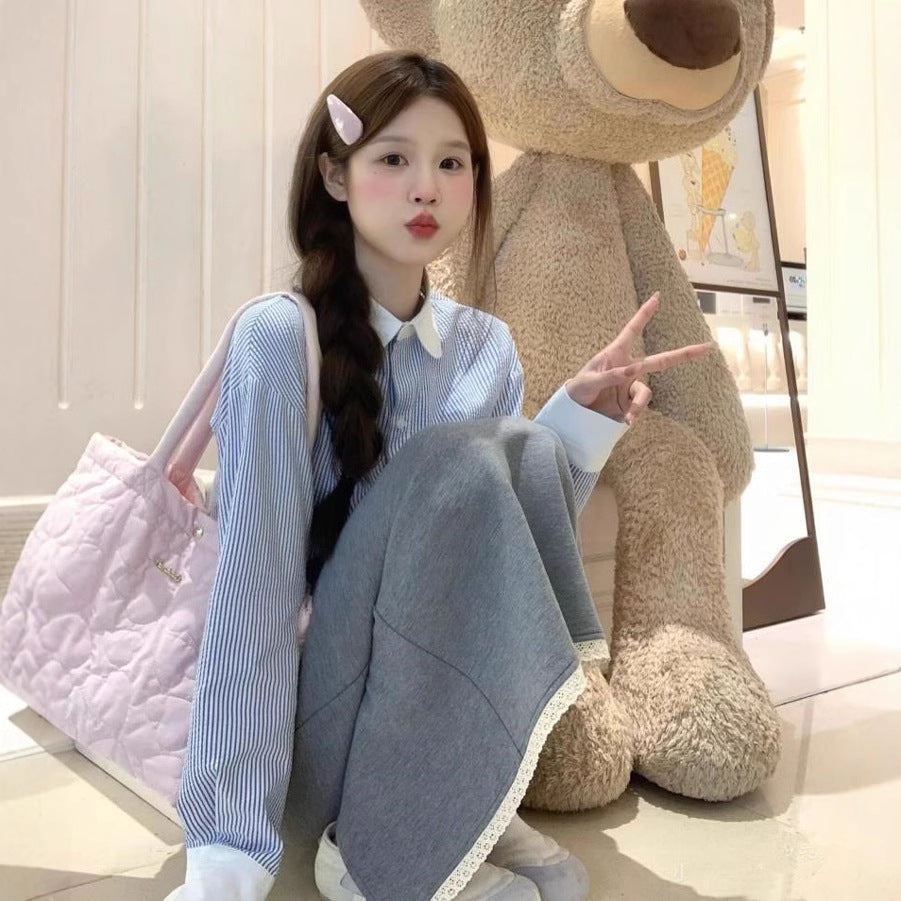 Blue Striped Long-sleeved Shirt For Women Spring And Autumn New Loose