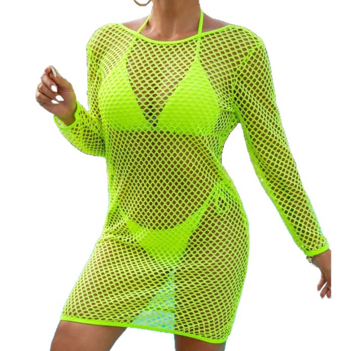 Mesh Long-sleeve Cover-up Bikini Three-piece Set
