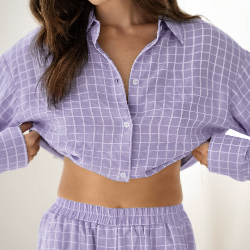 Purple Plaid Loose Cozy Soft Long-Sleeve Pajama Set With Pants