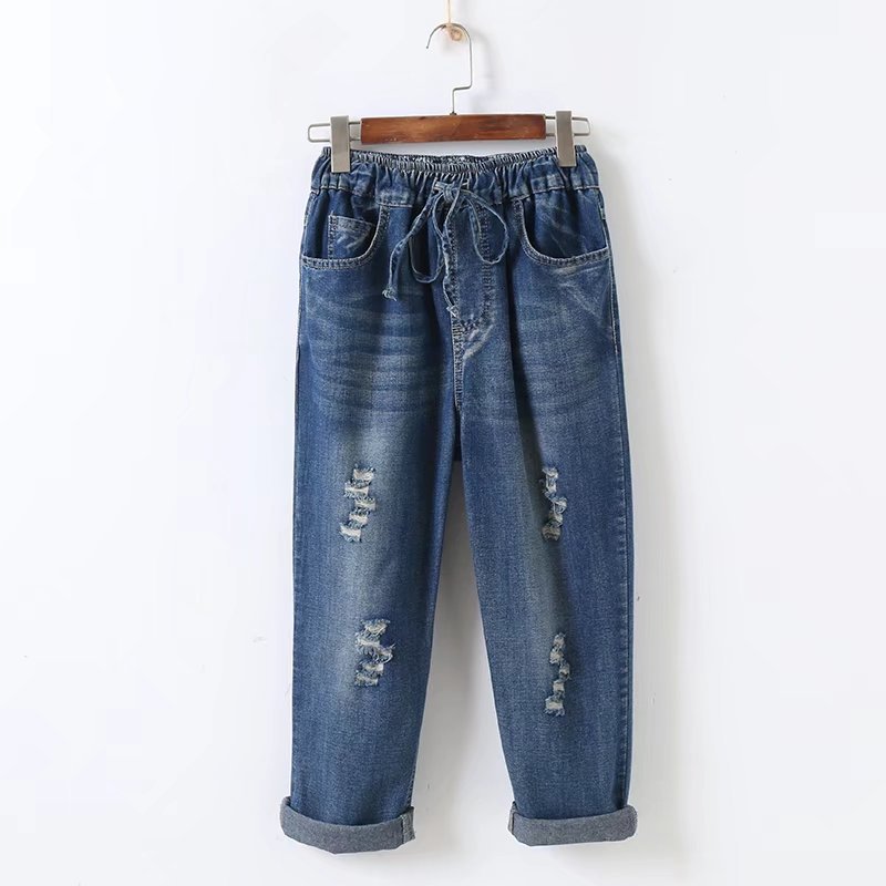 Embroidery Loose All-matching Elastic Waistband Hole Cropped Jeans