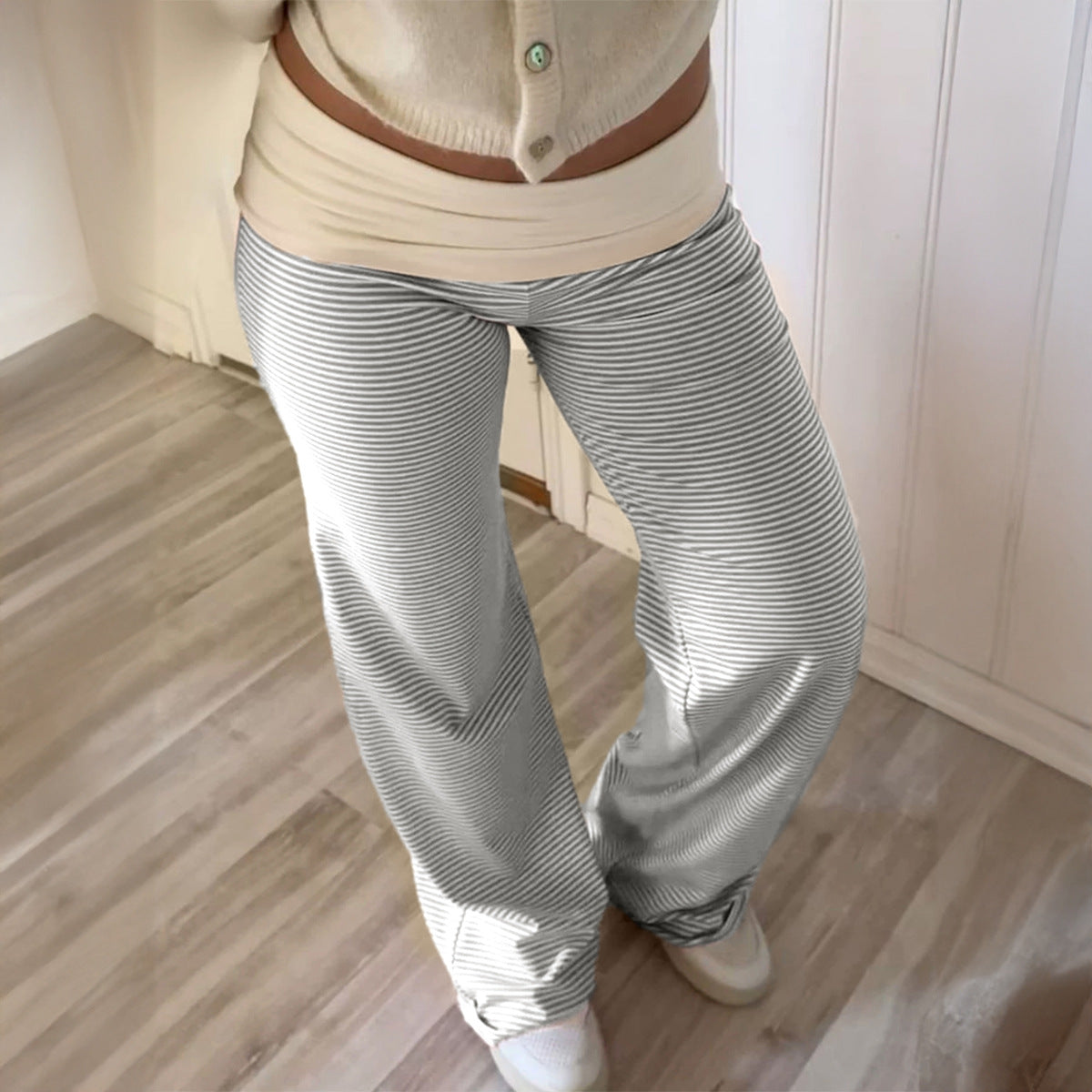 European And American-style Casual Resort Striped Belted Trousers For Women