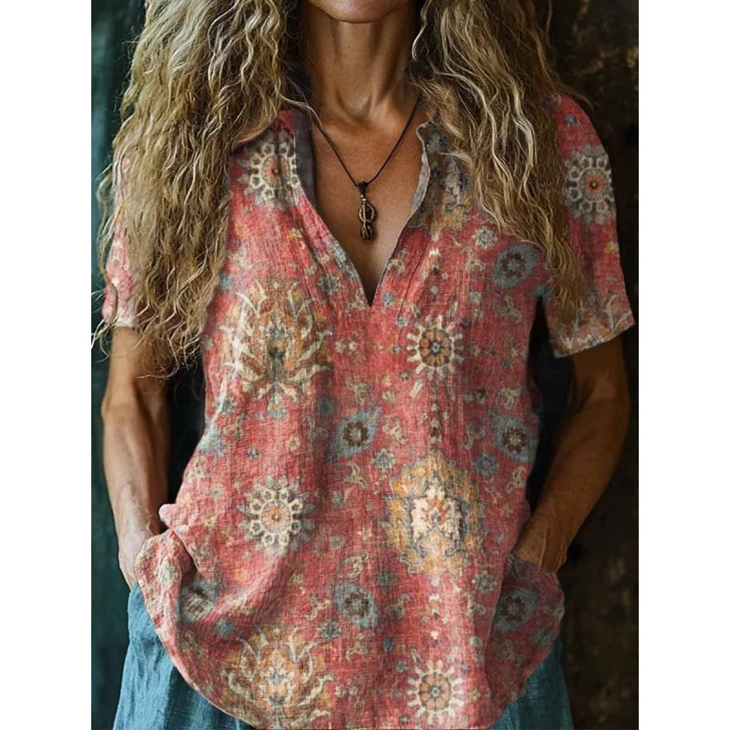 Printed Women's Spring And Summer Loose V-neck Short Sleeve Top 3D
