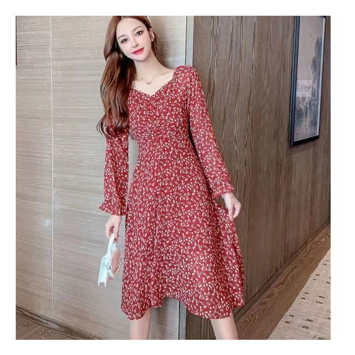 Women's Retro Casual V-Neck Floral Print Long-Sleeve Dress
