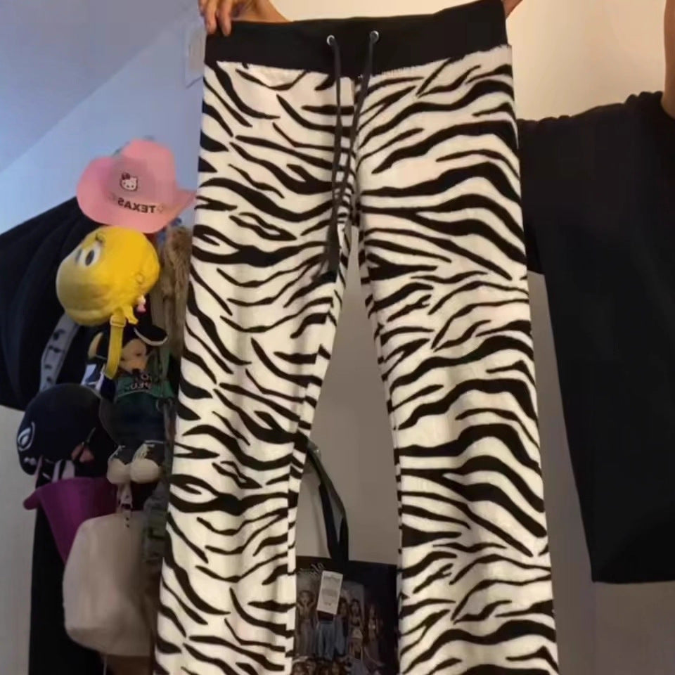Slim-fit Striped Leopard Print Elastic Waist Drawstring Casual Trousers