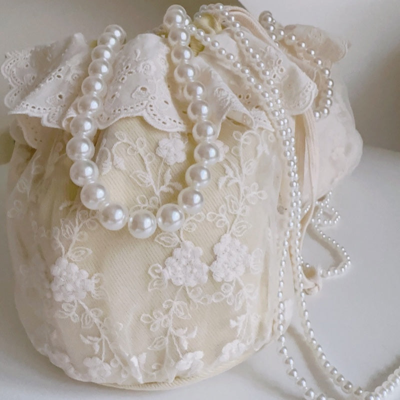Lace With Beaded Chain Trim Bucket Bag Shoulder Bag