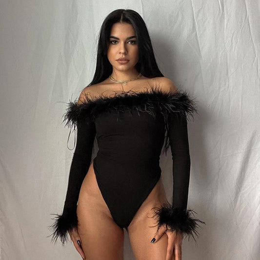 American-style Form-fitting Furry Off-shoulder Long-sleeve Jumpsuit For Outerwear