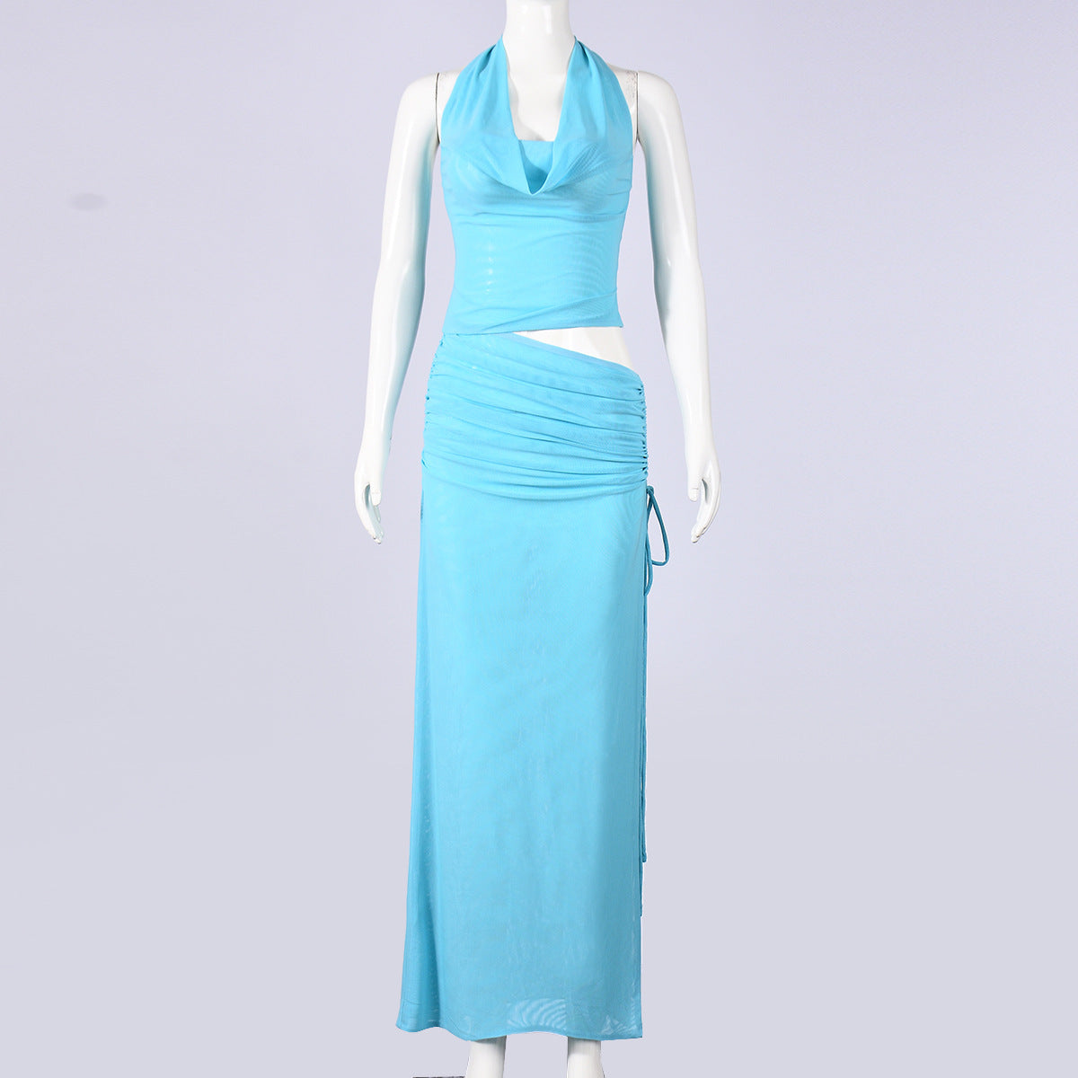 Solid-color Mesh Halter-neck Tube Top And Skirt Set A Sexy Two-piece Outfit
