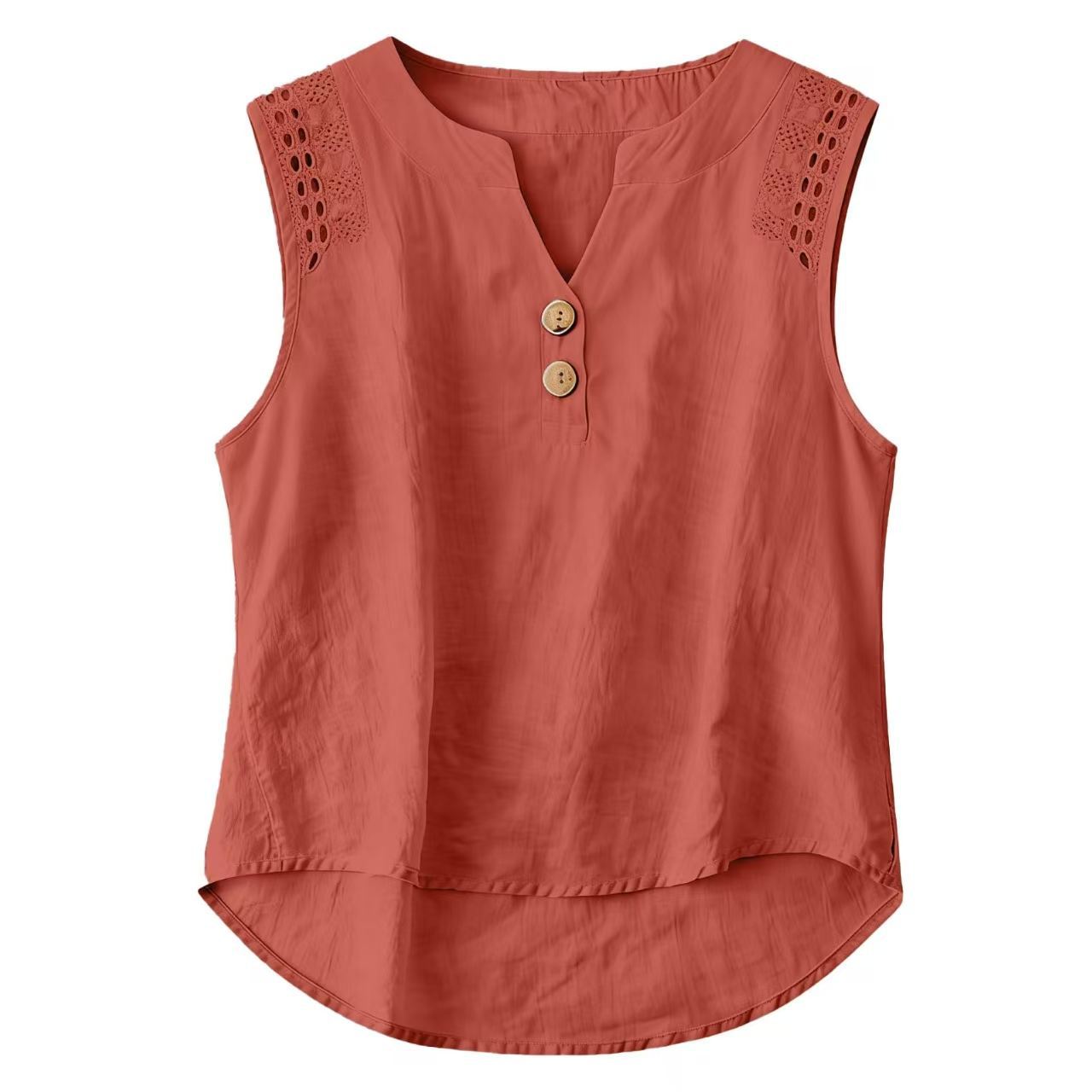 Solid-color V-neck Hollow-out Button Cotton-linen Short-sleeve Top Shirt