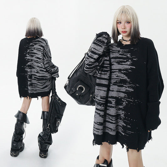 Zebra Pattern Color Matching Ripped Tassel Loose Round Neck Knitted Sweater
