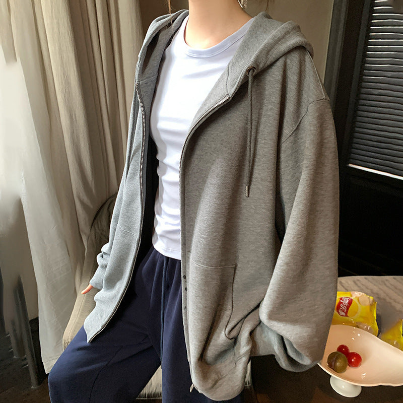 Solid Color Zipper Sweater Coat Women's Autumn Korean Style Hooded