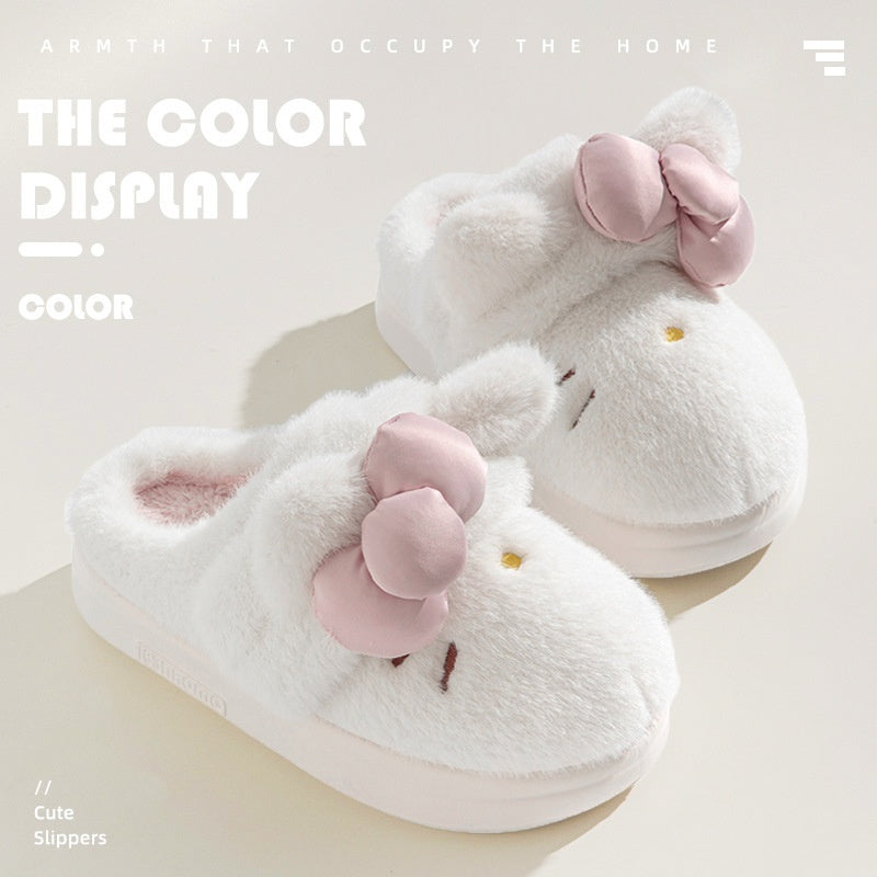 Instagram-Style Fluffy Cotton Slippers With A Cat And Bow Design For Cozy Warmth