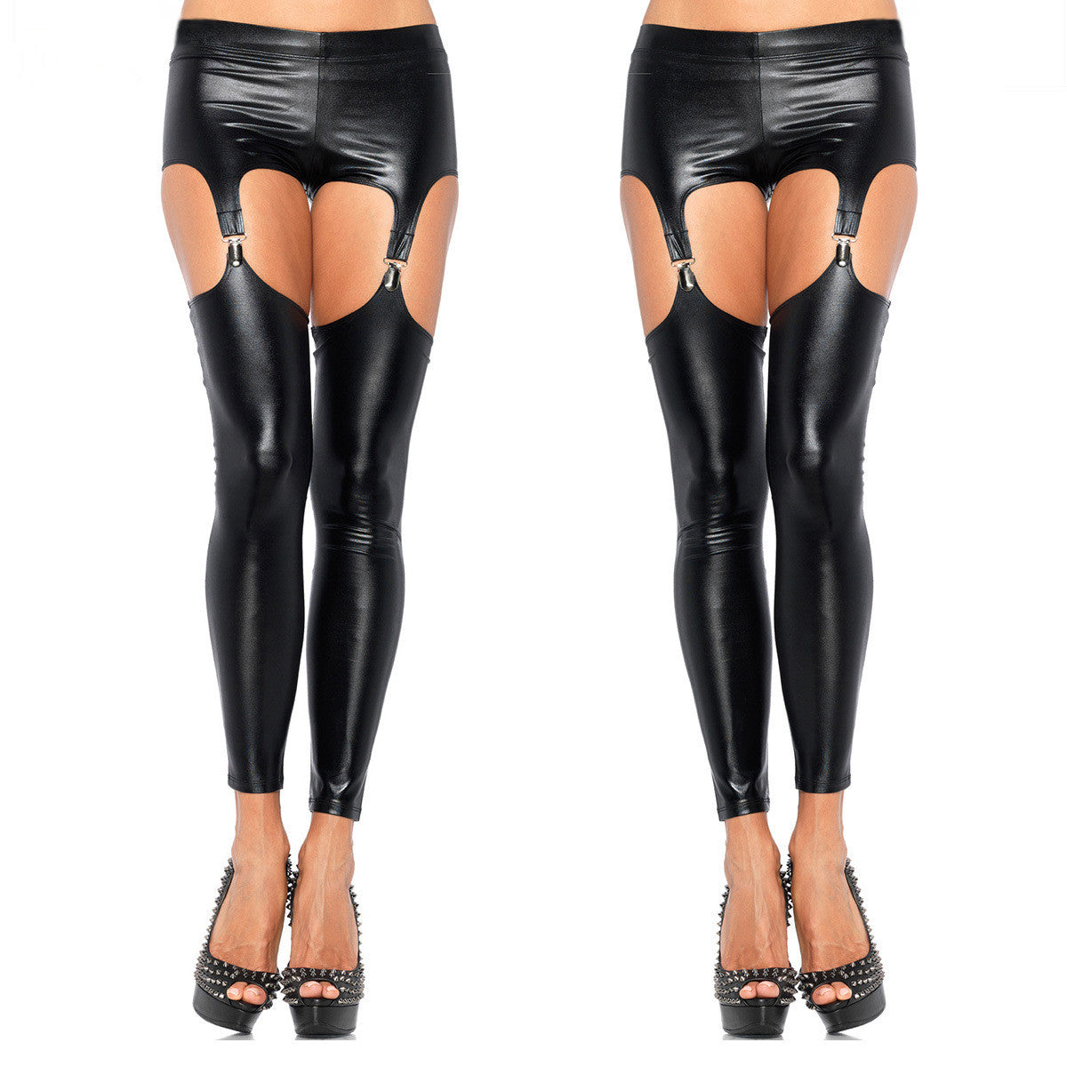 Women's Black Glossy Patent Leather Garter Pantyhose