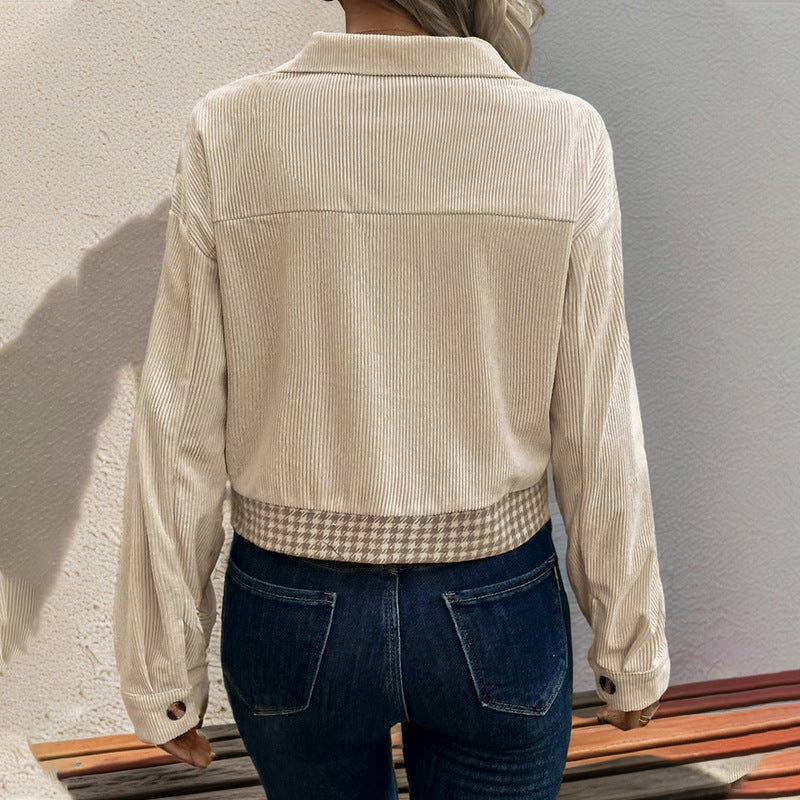 Corduroy Stitching Brushed Houndstooth Coat Women
