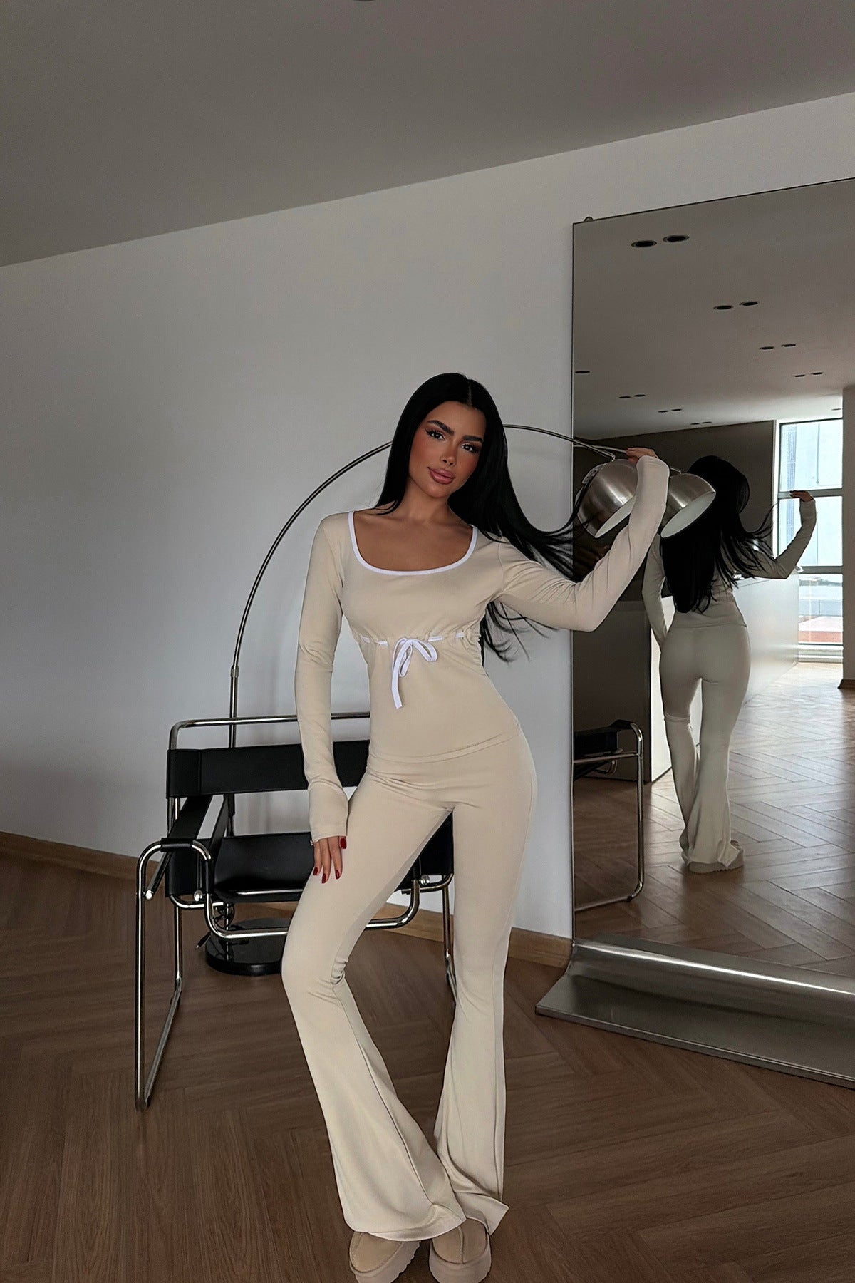 Long-sleeve Drawstring Top And Floor-length Pants Two-piece Set