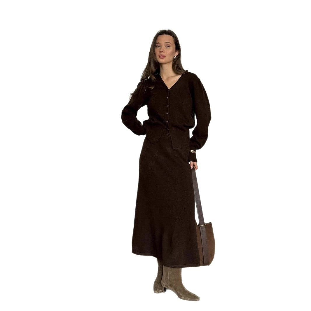 V-neck Knitted Cardigan A- Line Midi Skirt Two-piece Set