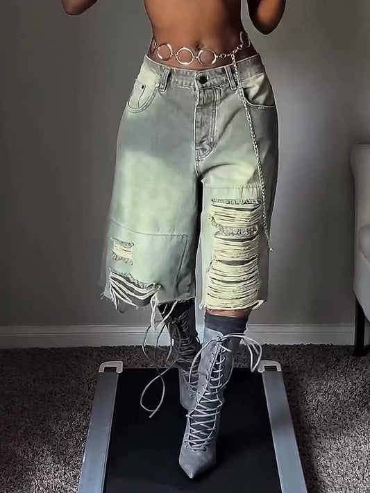 Chic Distressed Denim Loose-fitting Cropped Pants