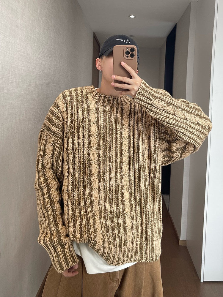 Mens AutumnWinter Retro All-Match Loose Khaki Green Cabled Double-Face Crew-Neck Distressed Thick Sweater
