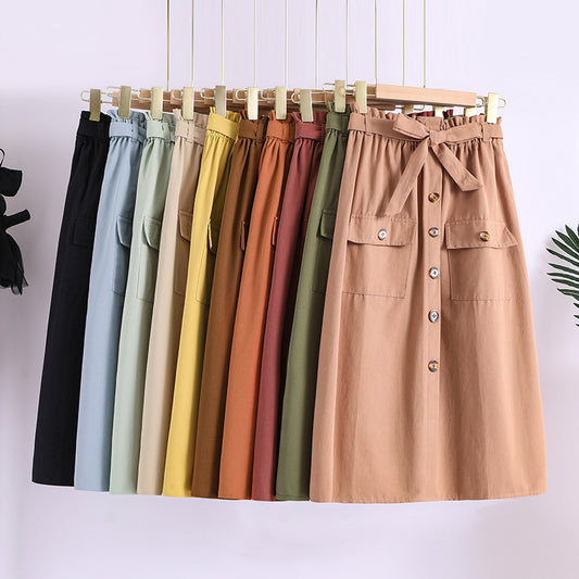 Summer New Artistic Solid Color Buttons Mid-length Skirt Mori Girl Elastic Waist Cotton And Linen A- Line Skirt