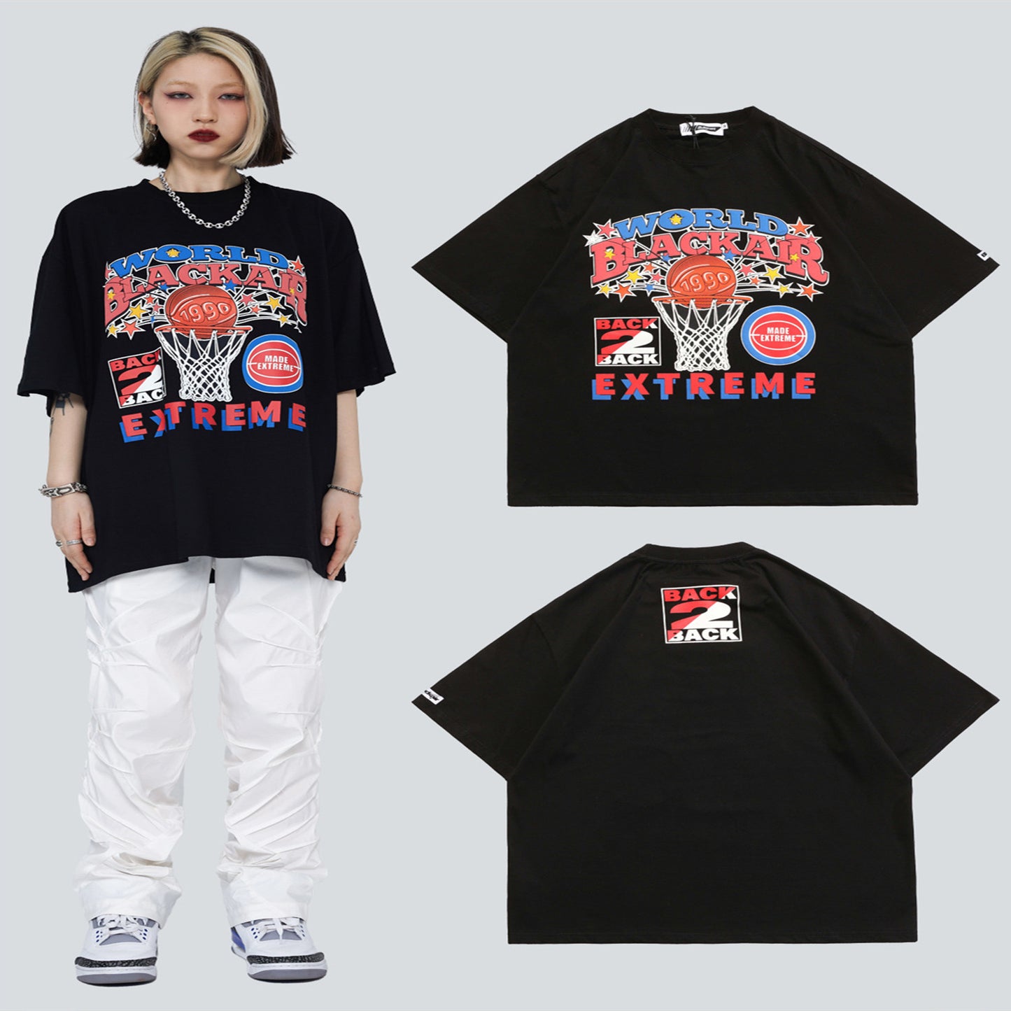 American Retro Street Culture Basketball Print Short Sleeve T-Shirt