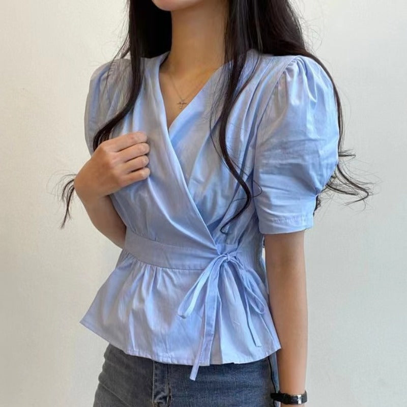Simple Solid Color And V-neck Back Elastic Lace Waist Trimming Short Shirt For Women
