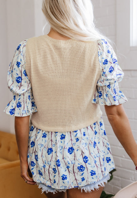 Beige Waffle Floral Patchwork Short Flounce Sleeve Peplum Blouse