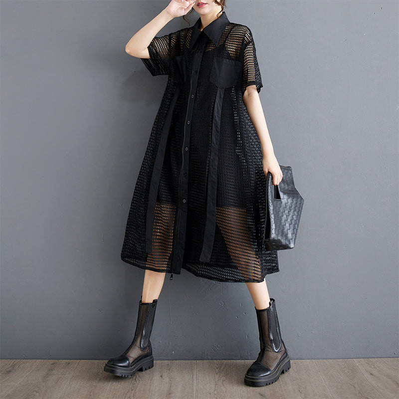 Niche Hollow Out Design Pocket Shirt Dress