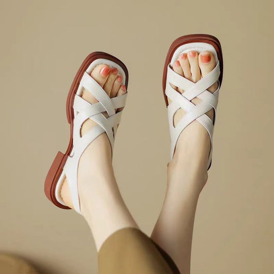Women's Patent Leather Low Heel Square Toe Beach Sandals