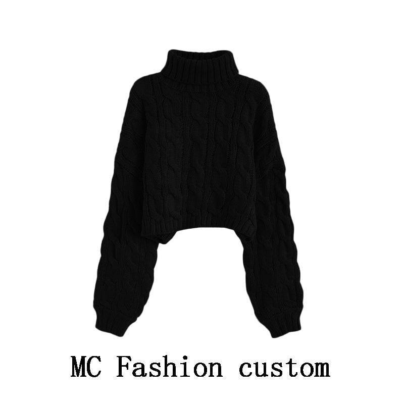 Turtleneck Pullover Short Cable-knit Sweater Women