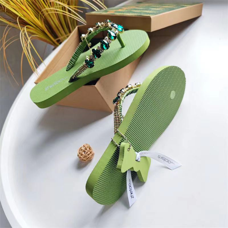 Women's Fashion Casual Color Blocking Glass Peach Heart Rhinestone Flip-flops