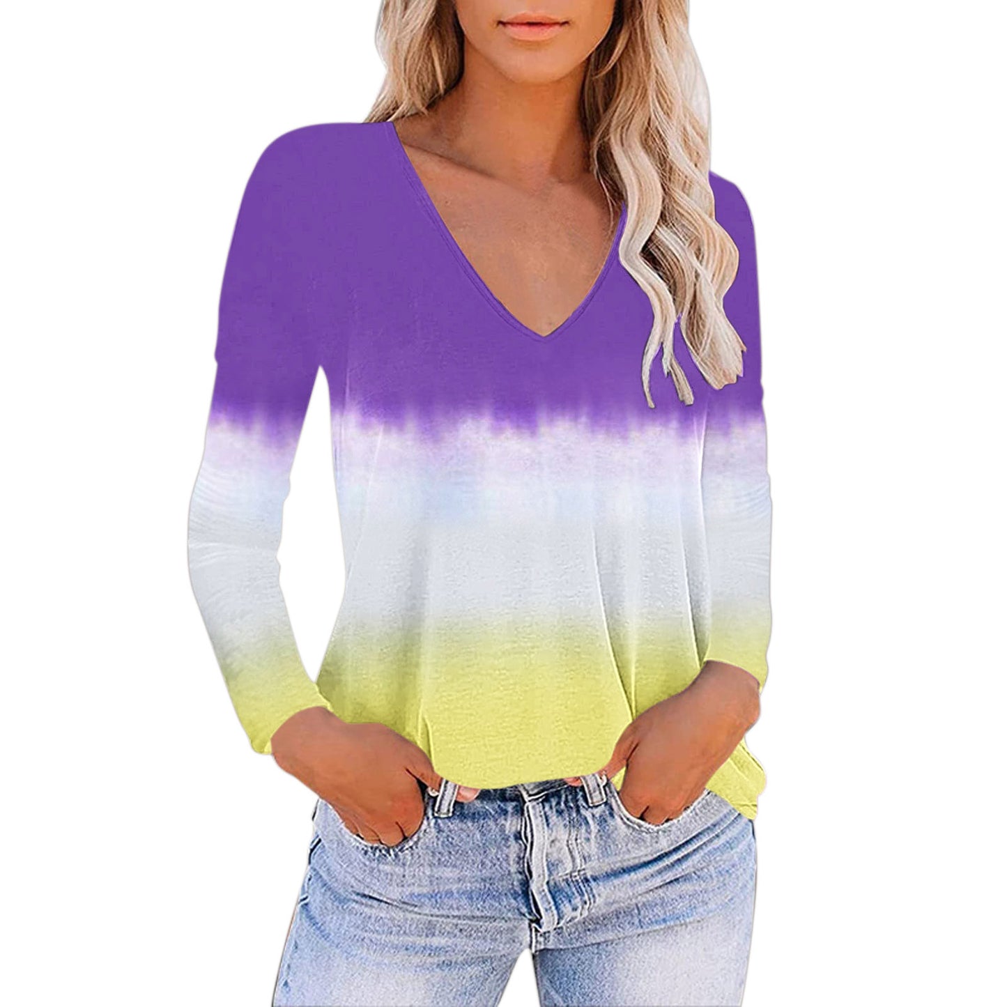 European And American Women's V-neck Gradient Print Loose T-shirt