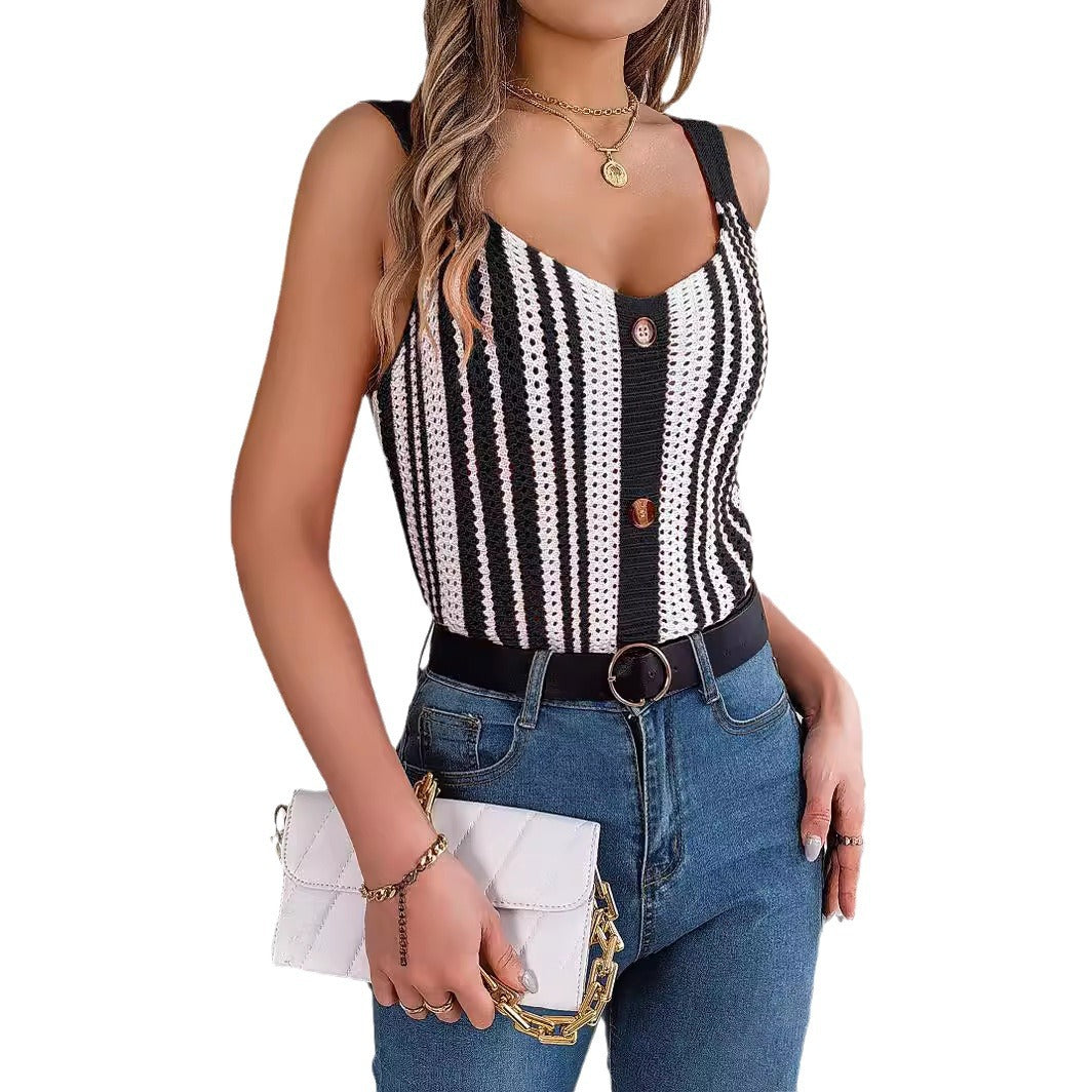 Women's V-neck Buttons Contrast Color Hollow Knitwear Top