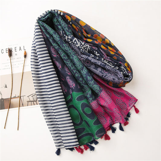 Contrast Color Cotton And Linen Silk Scarf Travel Sun Protection Shawl