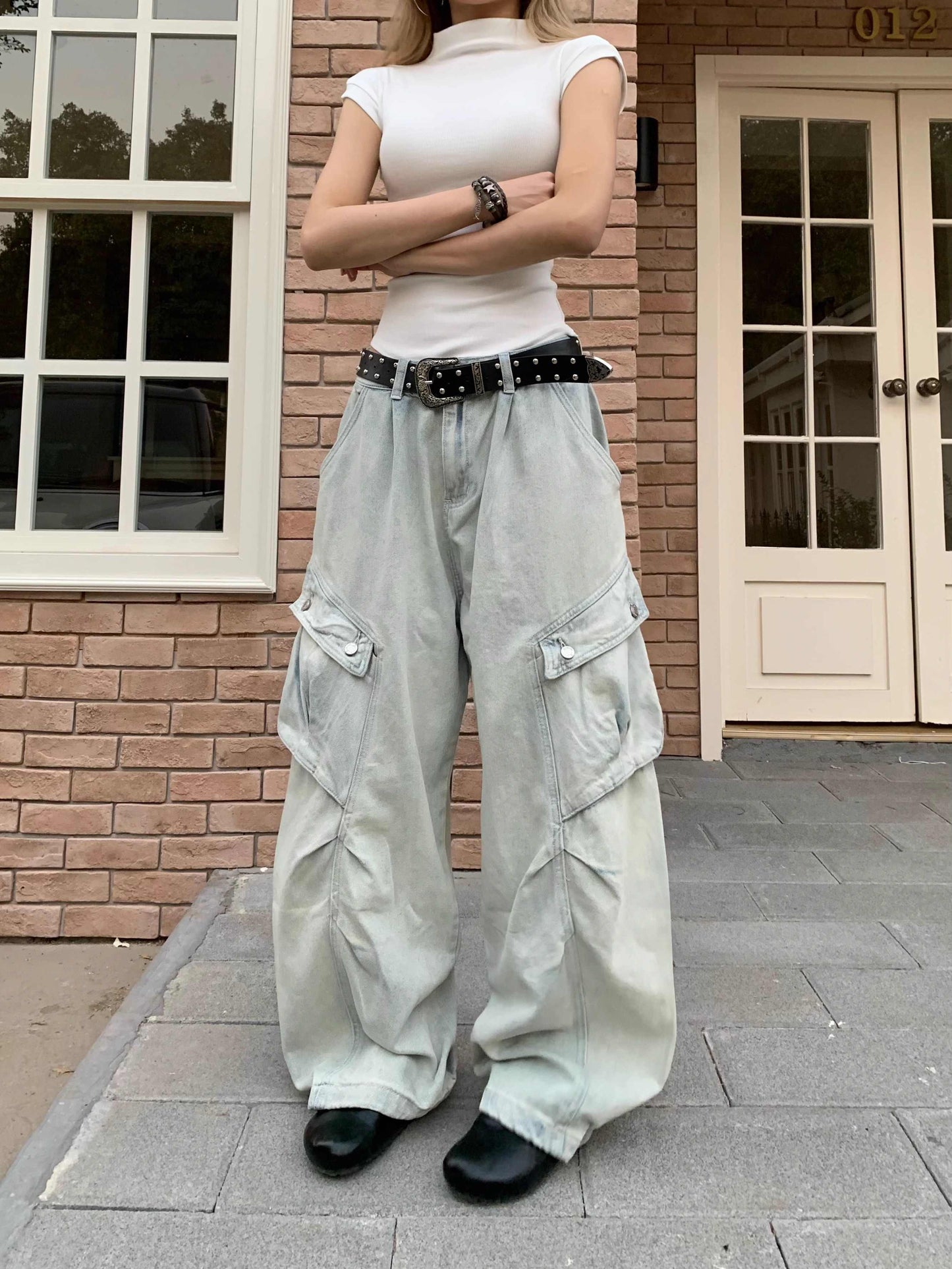 Retro arbejdstøj store lomme-jeans løse lige benbukser