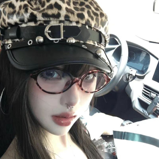 Spicy Girl Leopard-Print Nightclub Leather-Clasp Subculture Octagonal Hat