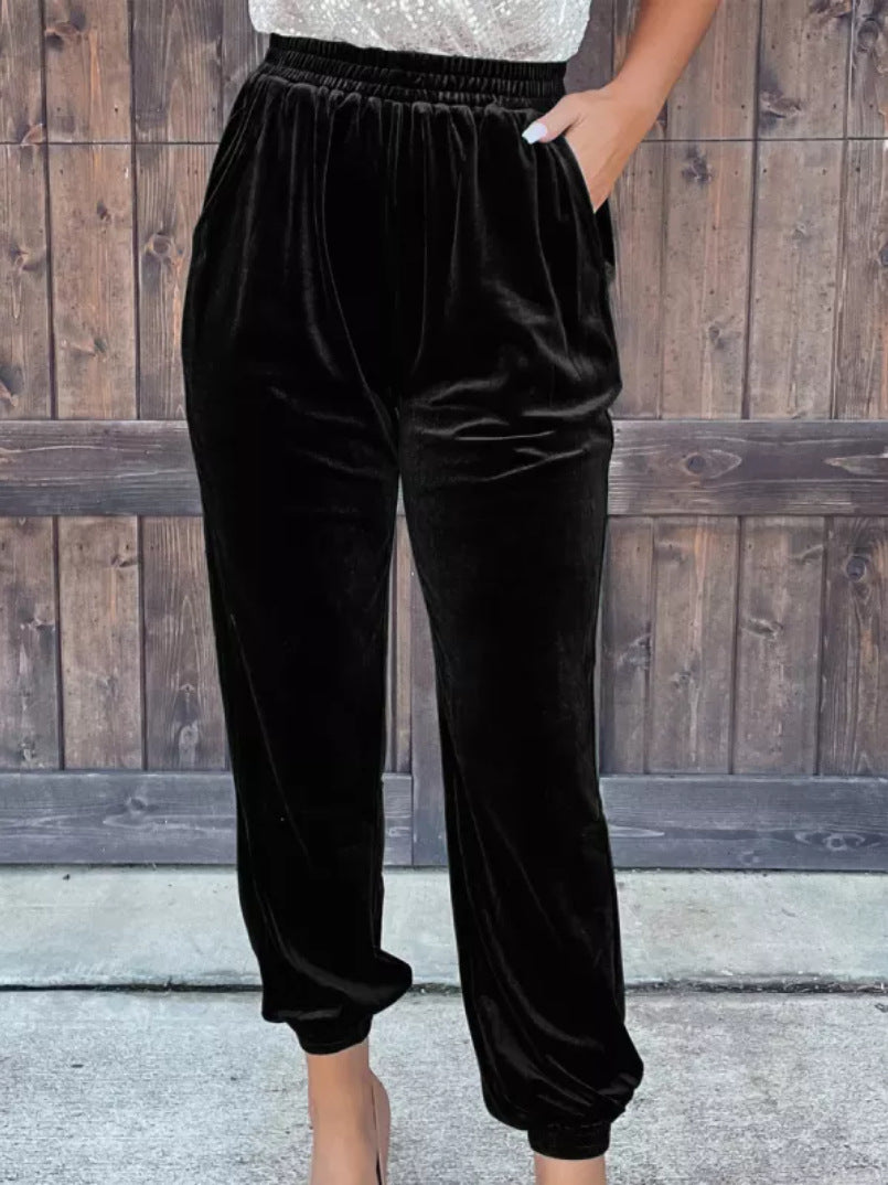 Women's Gold Velvet Trousers Straight Leg Elastic Waist Casual Pants