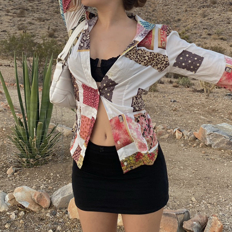 Women's Retro Contrasting Abstract Print Lapel Knitted Shirt